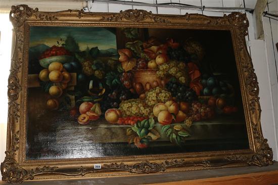 17th Century Dutch Style Still life of fruit on a stone ledge, 26 x 44in.